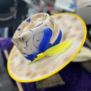 Beige Hat with Blue and Yellow Accents